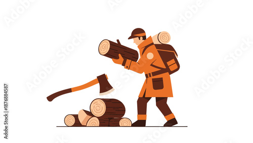 Flat Style Logger Illustration Ready To Chop Wood For Winter Season