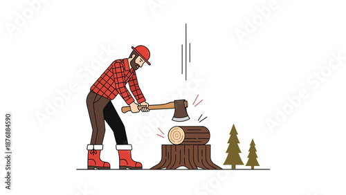 Flat Vector Illustration Of A Lumberjack Chopping Wood In The Forest