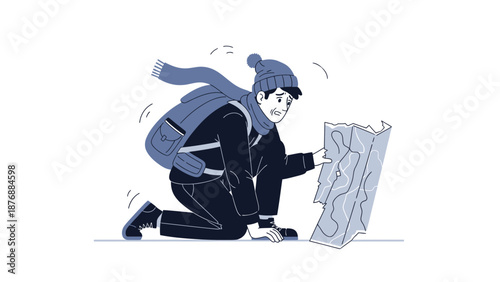 Frustrated Tourist Looking At Damaged Map During Outdoor Adventure Trip