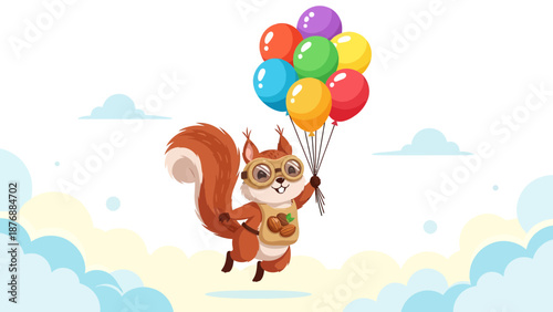 Funny Squirrel Flying With Colorful Balloons Adventure in the Sky Cartoon Style