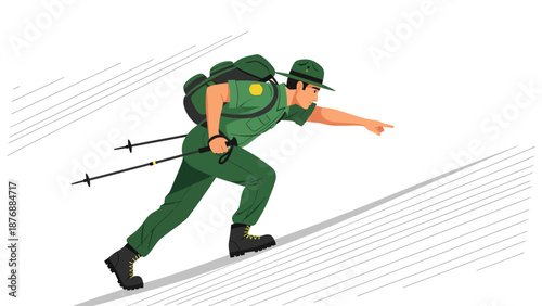 Focused Park Ranger Hikes Uphill Pointing Towards a Landmark With Backpack