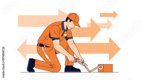 Focused Worker Cutting Box Packing Tape With Arrows Moving Forward