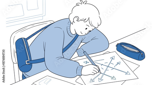 Focused Student Illustrating Arrows During Study Session on a White Background