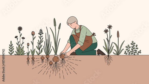 Gardener Planting Bulbs In Springtime Soil Illustration In Minimalist Style