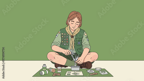 Focused Young Scout Preparing First Aid Kit For Outdoor Adventures Training