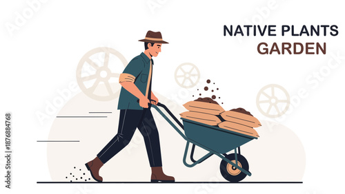 Gardener Pushing Wheelbarrow Full Of Soil For Native Plants Garden Creation