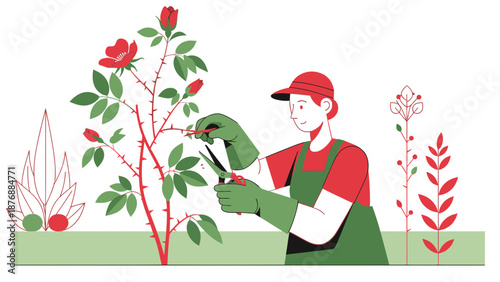 Gardener Pruning Roses For Vibrant Bloom In Ornamental Garden Cartoon Style