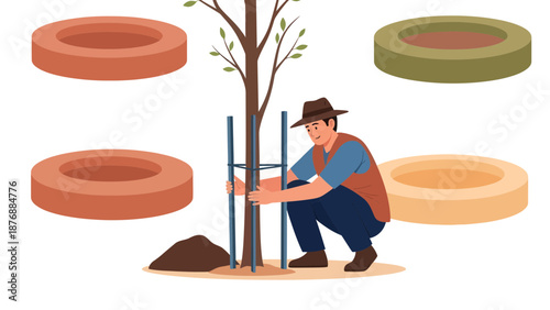 Gardener Securing New Tree While Preparing Wells Around For Efficient Irrigation