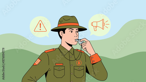 Forest Ranger Blowing Whistle With Warning And Communication Sign In The Background