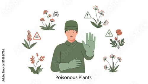 Gardener Showing Dangerous Plants Wearing Gloves For Safety And Preventing Intoxication