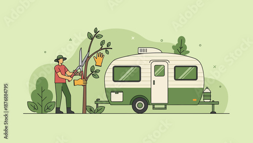 Gardener Trimming Branches Near Vintage Camper In Summer Scenery