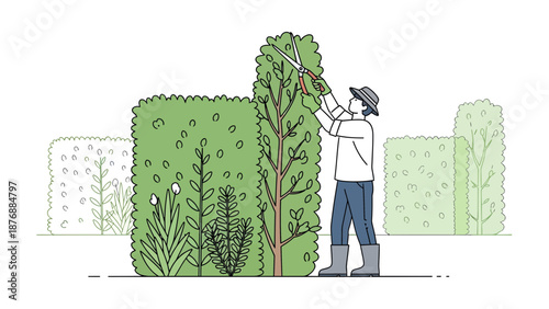 Gardener Trimming Hedges With Clippers For Landscape Design And Yard Maintenance