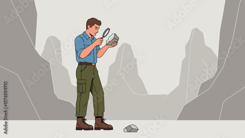 Geologist Inspecting Minerals With Magnifying Glass In Cave Environment Illustration