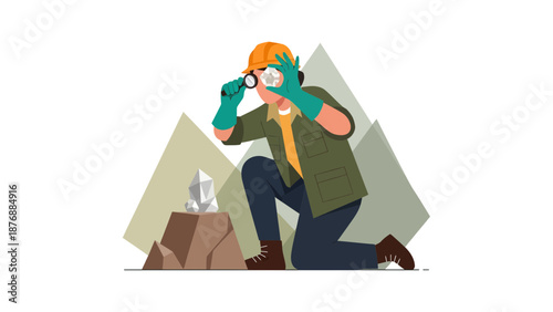 Geologist Inspecting Precious Crystal With Magnifying Glass On Expedition