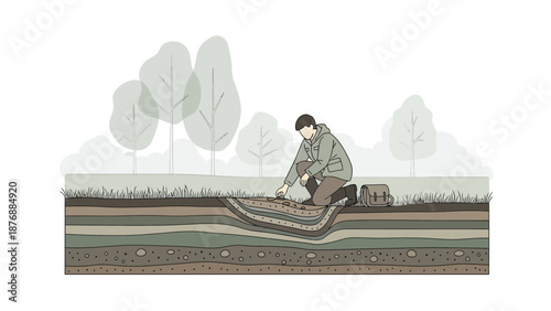 Geologist Inspecting Geological Layer In Field Illustration In Neutral Colors