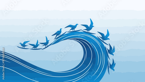 Freedom Flight Birds Over Cresting Wave Serenity Blue Tones Ocean Breeze Artistic