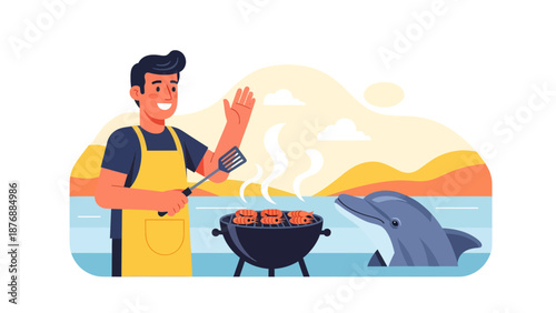 Friendly Barbecue With Dolphin Coastal Landscape Illustration For Summer Fun