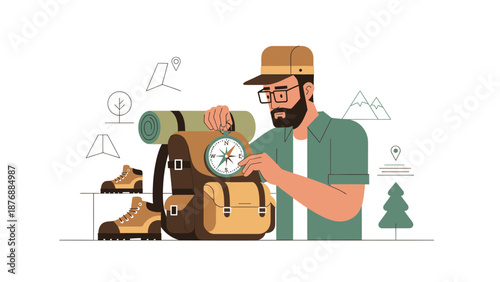 Getting Ready For Adventure Man Checking Compass On Backpack Outdoor Travel