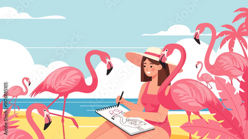 Girl Drawing Flamingo On Tropical Beach Holiday Relaxing Vacation Scene