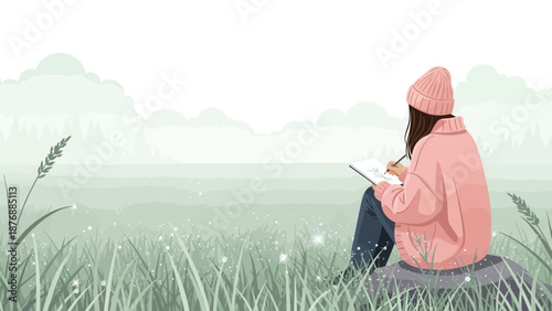 Girl Drawing Nature Sitting On Stone Wearing Pink Clothes In Serene Landscape