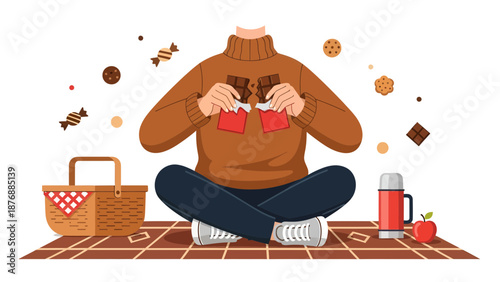 Girl Enjoying Delicious Chocolate Bar During A Relaxing Picnic Time