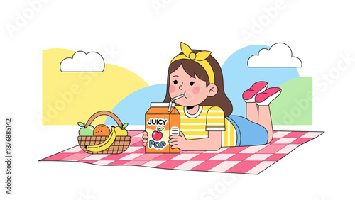 Girl Enjoying A Picnic Day With Fresh Fruit Basket And Juicy Pop Juice