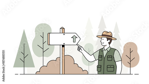 Friendly Park Ranger Pointing at Directional Sign In Wilderness Area