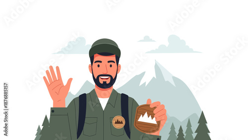 Friendly Park Ranger Welcoming Visitors Near Majestic Mountain Scenery Cartoon Illustration