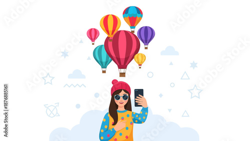 Girl Enjoying Hot Air Balloons Festival and Taking Selfie with Her Phone