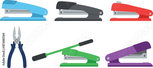 Flat design set of 6 stapler types standard desktop stapler heavy duty stapler mini stapler and plier stapler