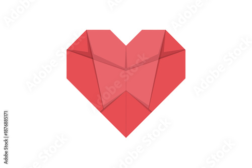 A red origami heart with folded paper and dotted lines on a white background