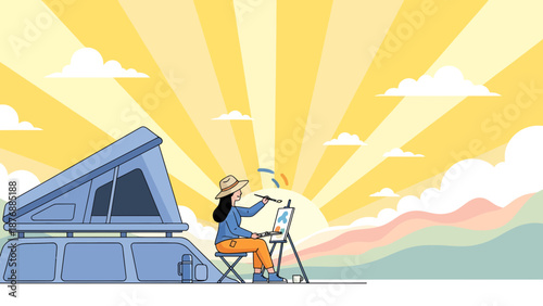 Girl Enjoying Nature Painting Near Car On A Wonderful Sunny Day