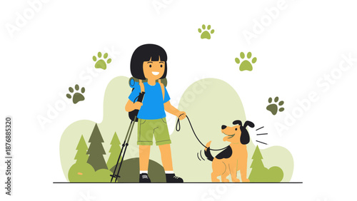 Girl Hiking With Her Dog In The Woods Cartoon Style Illustration