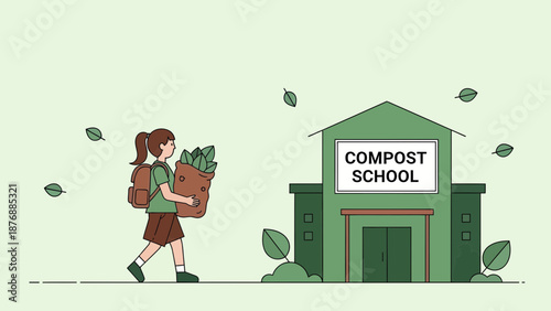 Girl Goes To Compost School With Plants For Class Nature Concept