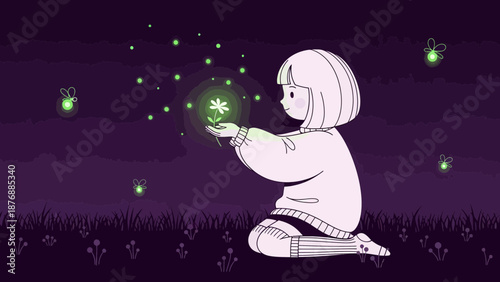 Girl Holding Glowing Flower Surrounded By Fireflies At Night Illustration