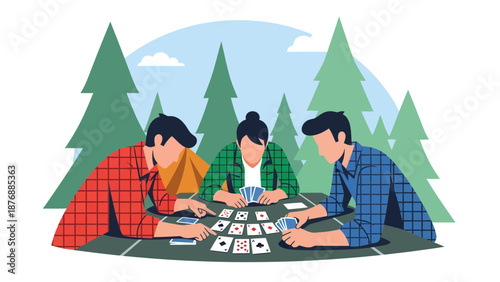 Friends Enjoying Card Game During Camping Adventure in the Wilderness