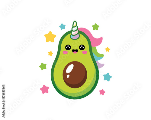 A cute cartoon avocado unicorn with a smiling face and colorful stars