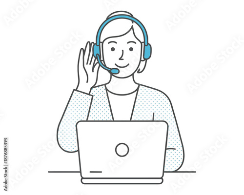 A customer service representative wearing a headset and working on a laptop computer