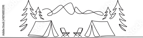 Single one line drawing camping landscape with mountains background. Tents with two chair in pine forest on the grass. Summer camping on nature. one line Icon drawing
