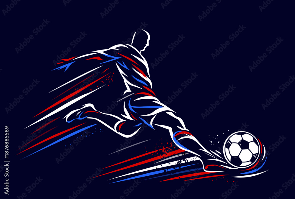Fototapeta premium A running football player with a soccer ball in a modern, dynamic style. Vector illustration.