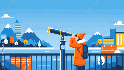 Girl Observes Cityscape With Telescope During Sunny Day At Beautiful Landscape