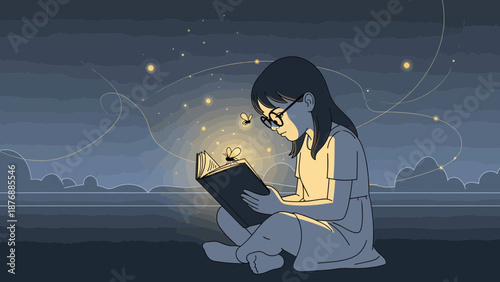 Girl Reads Book With Fireflies Illustration In Night Serene Atmosphere