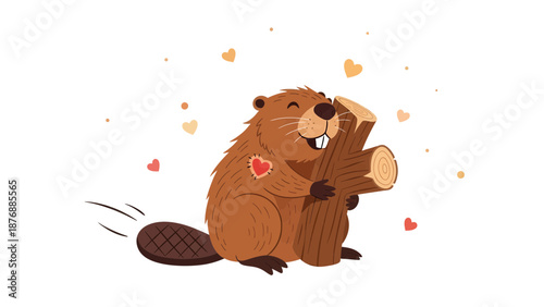 Happy Beaver Hugging Wood Log With Heart Symbol For Love And Affection