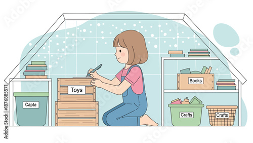 Girl Organizing Children's Playroom Keeping Things In Order Labeling Boxes