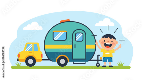 Happy Boy Celebrating Family Road Trip Vacation With Car And Caravan
