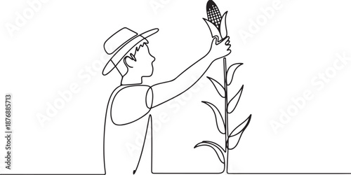 Single one line drawing of young male farmer picking the corn on the tree. Professional farmer. Farming challenge minimalist concept. one line Icon drawing