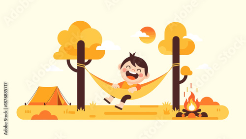 Happy Boy Relaxing In Hammock During Camping Under Autumn Trees Scenery