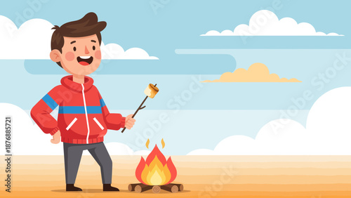 Happy Boy Roasting Marshmallow Over Campfire On Outdoor Adventure Scene Illustration