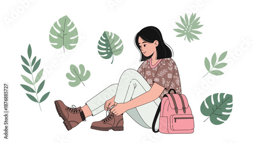 Girl Tying Shoe Laces Surrounded By Tropical Leaves Ready For New Adventures