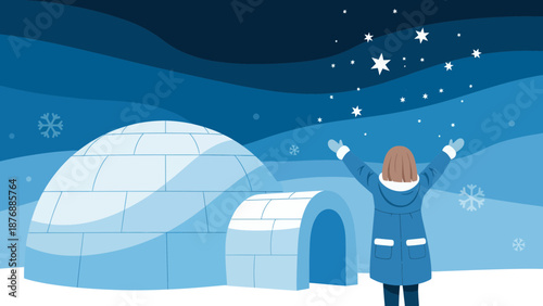 Girl Watching Stars Next To Her Igloo In A Winter Wonderland Illustration
